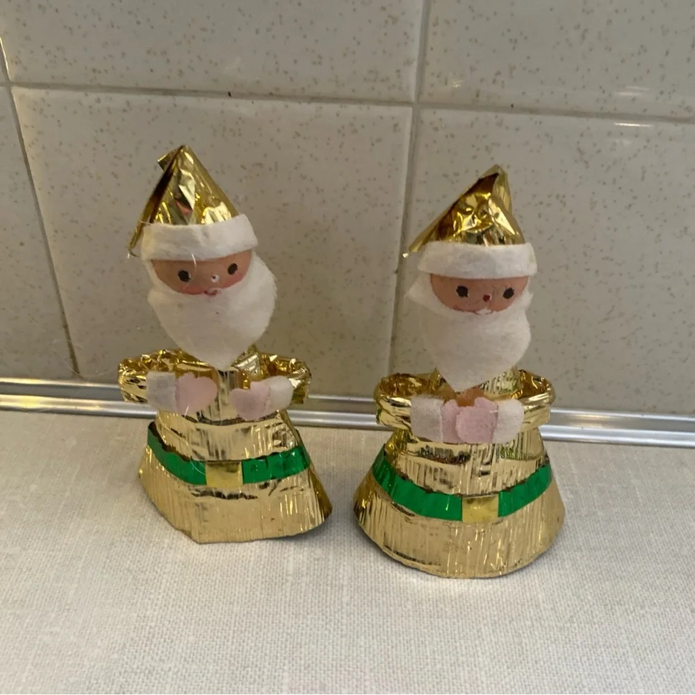 Vintage Japan 69’ Foil Santa Claus‎ Christmas Ornaments Set Of 2